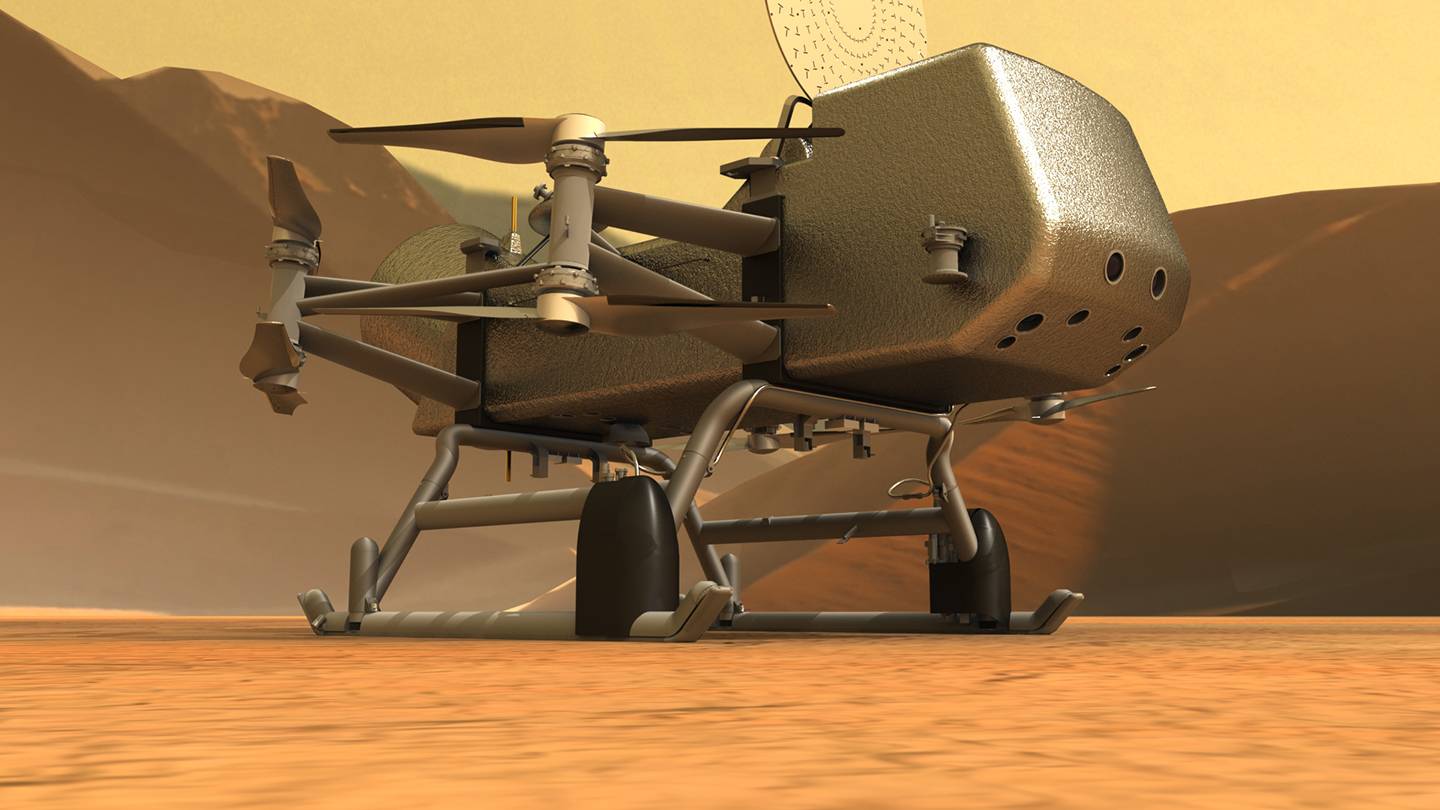 Conceptual image of a drone-style spacecraft in a yellow-orange desert-like environment