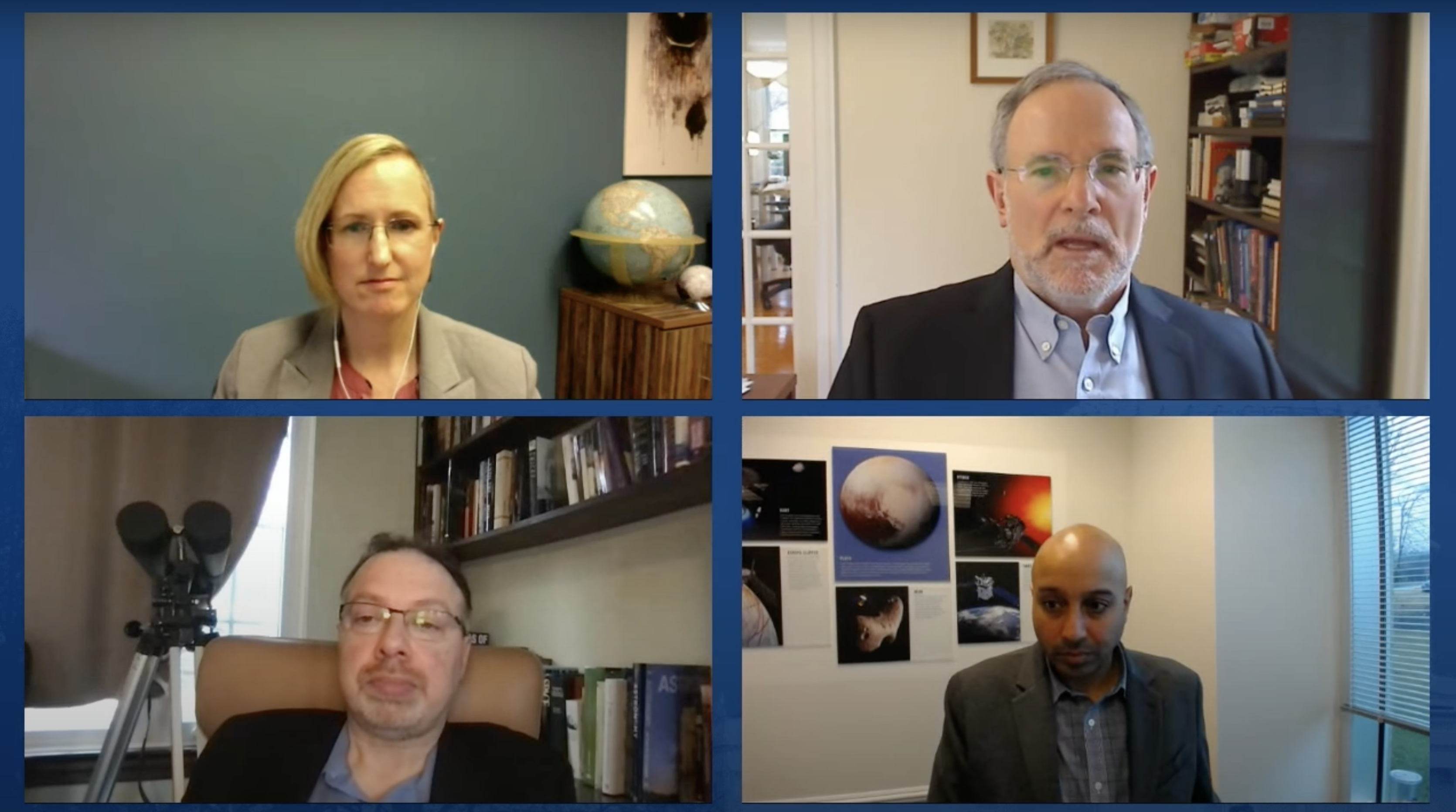 Four expert panelists in a Zoom meeting on space exploration